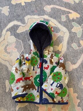 Baby Boden Gray Hooded Jacket with Green Trees and Multicolor Animal Prints